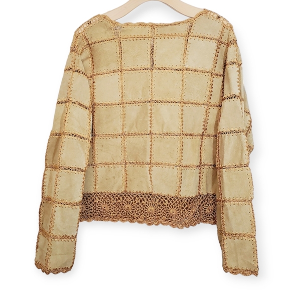 Kroshetta by Papillon Women's Suede Leather Crochet Brown Suede Leather Jacket M - Picture 2 of 8